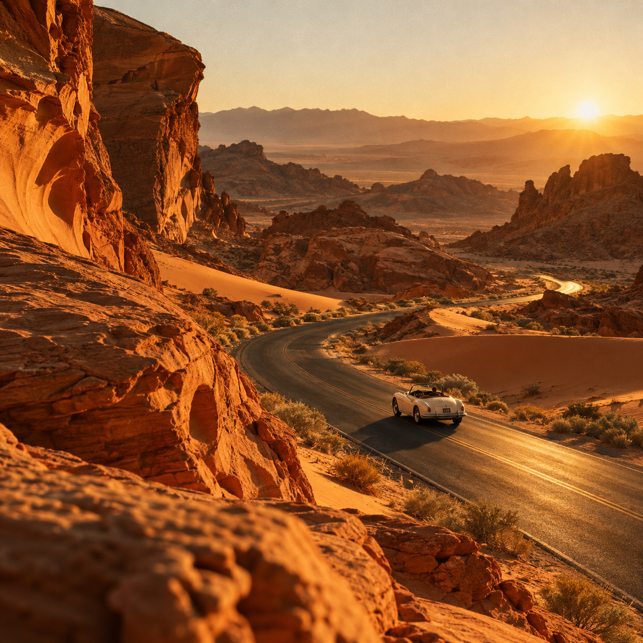 Sunlit sandstone curves and a winding desert road