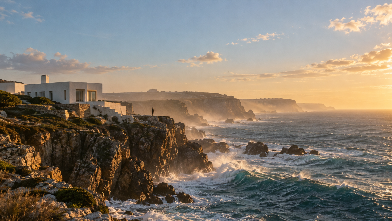 Cinematic coastal architecture beside deep blue water in warm afternoon light